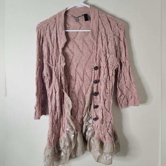 Bke Boutique Pink Ruffled Open Knit Cardigan - Picture 2 of 8